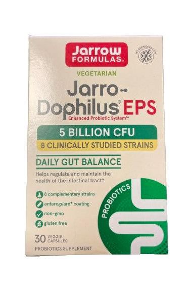 Jarrow Formulas Jarro-Dophilus EPS box, 30 veggie capsules, supports gut health with 5 billion CFU of probiotics.