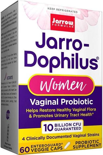 Jarrow Formulas Jarro-Dophilus Women probiotic supplement box promoting vaginal health with 10 billion CFU.