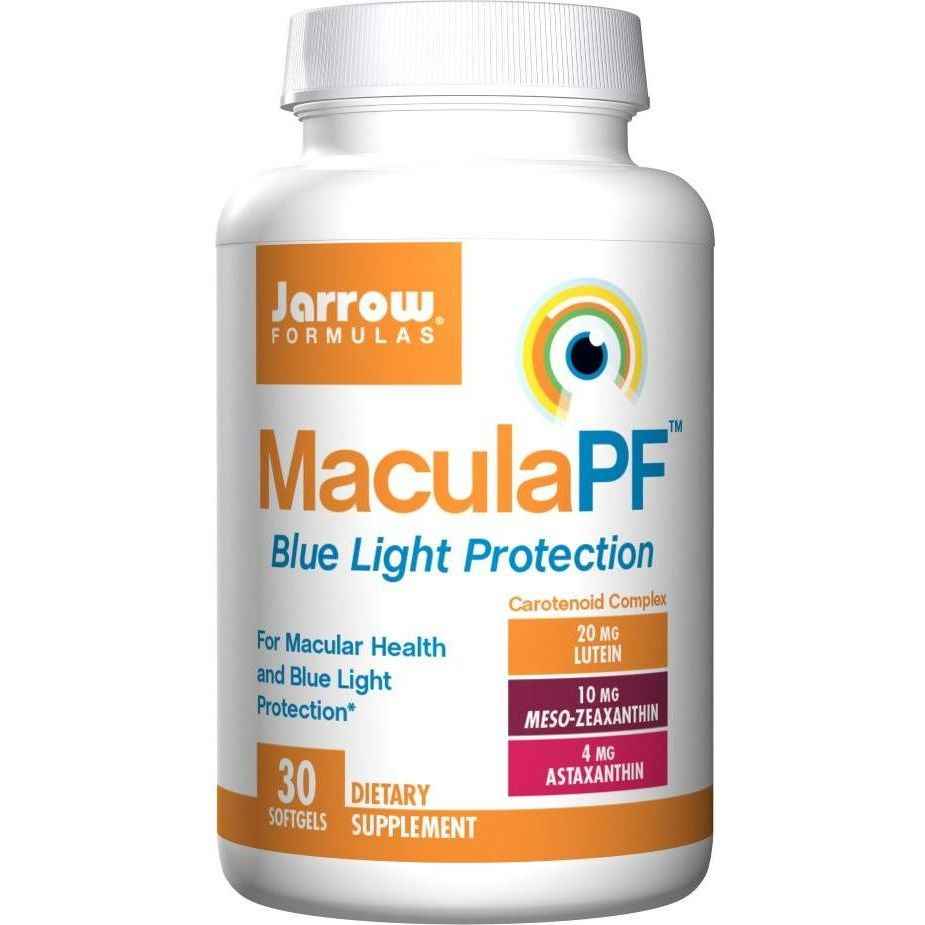 Jarrow Formulas Macula PF dietary supplement, 30 softgels for eye health and blue light protection.