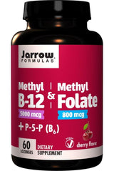 Jarrow Formulas Methyl B-12 & Methyl Folate dietary supplement bottle with cherry flavor, 60 lozenges.