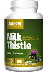 Jarrow Formulas Milk Thistle dietary supplement bottle, supports liver function with 150mg per serving, 100 veggie caps.