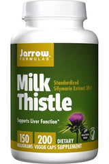 Jarrow Formulas Milk Thistle supplement bottle, 150mg, 200 veggie caps, supports liver function, gluten-free.