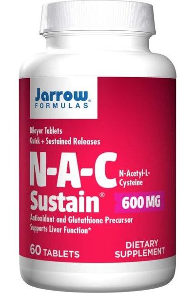 Jarrow Formulas N-A-C Sustain dietary supplement bottle, 600 mg, 60 tablets for antioxidant support.