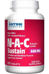 Jarrow Formulas N-A-C Sustain dietary supplement bottle, 600 mg, 60 tablets for antioxidant support.