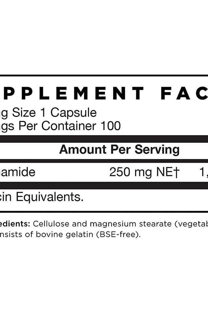 Supplement facts for Jarrow Formulas Niacinamide 250 mg, detailing serving size and ingredients.