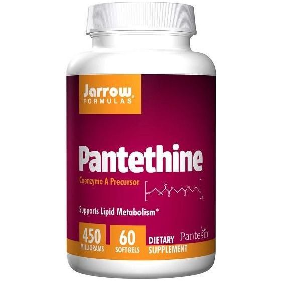 Jarrow Formulas Pantethine dietary supplement bottle, 60 softgels, supports lipid metabolism, 450mg per serving.