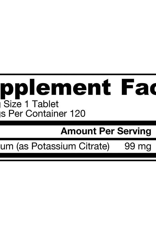 Supplement facts label showing Jarrow Formulas Potassium Citrate with 99 mg per tablet, 120 tablets per container.