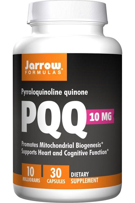 Jarrow Formulas PQQ supplement bottle, 10 mg per capsule, supports mitochondrial health and cognitive function.