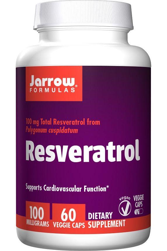 Jarrow Formulas Resveratrol supplement bottle, 100 mg, 60 veggie caps, supports cardiovascular health.