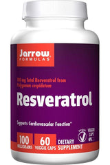 Jarrow Formulas Resveratrol supplement bottle, 100 mg, 60 veggie caps, supports cardiovascular health.