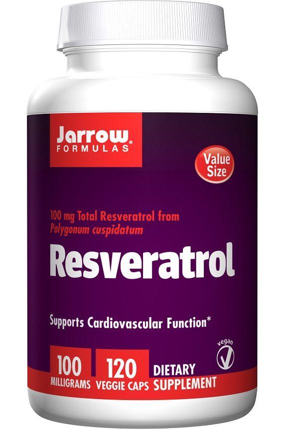 Jarrow Formulas Resveratrol supplement bottle, supports cardiovascular function, 100 mg, 120 veggie caps.