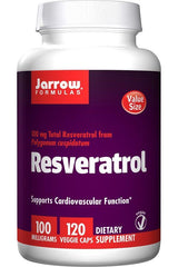Jarrow Formulas Resveratrol supplement bottle, supports cardiovascular function, 100 mg, 120 veggie caps.