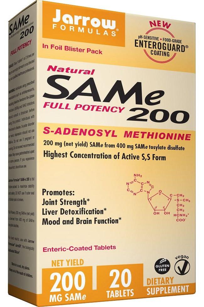 Jarrow Formulas SAMe 200 dietary supplement box showcasing natural S-adenosyl methionine and its health benefits.