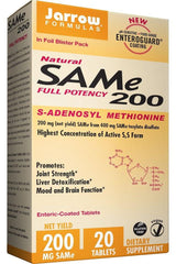 Jarrow Formulas SAMe 200 dietary supplement box showcasing natural S-adenosyl methionine and its health benefits.