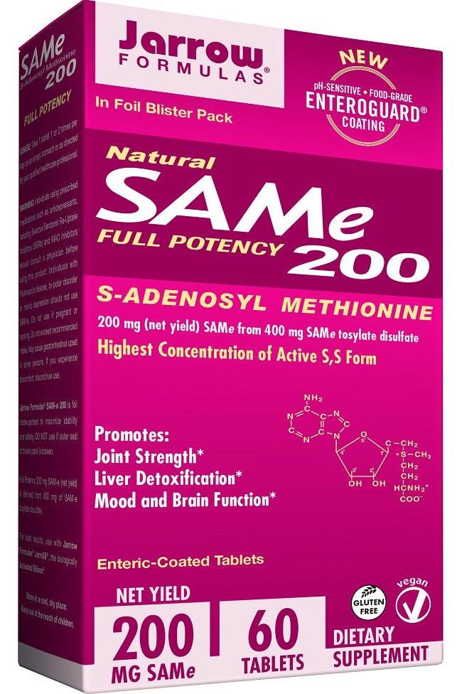 Jarrow Formulas SAMe 200 dietary supplement box, promotes joint strength and liver detoxification, 60 enteric-coated tablets.