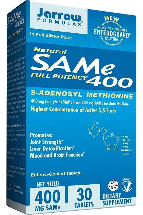 Jarrow Formulas SAMe 400 dietary supplement, 400 mg, 30 enteric-coated tablets for joint and brain health.