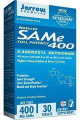 Jarrow Formulas SAMe 400 dietary supplement, 400 mg, 30 enteric-coated tablets for joint and brain health.
