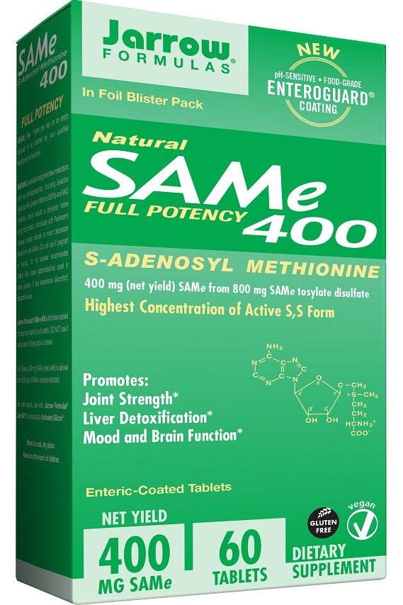 Jarrow Formulas SAMe 400 dietary supplement box with details on benefits and dosage.