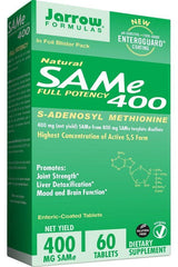 Jarrow Formulas SAMe 400 dietary supplement box with details on benefits and dosage.