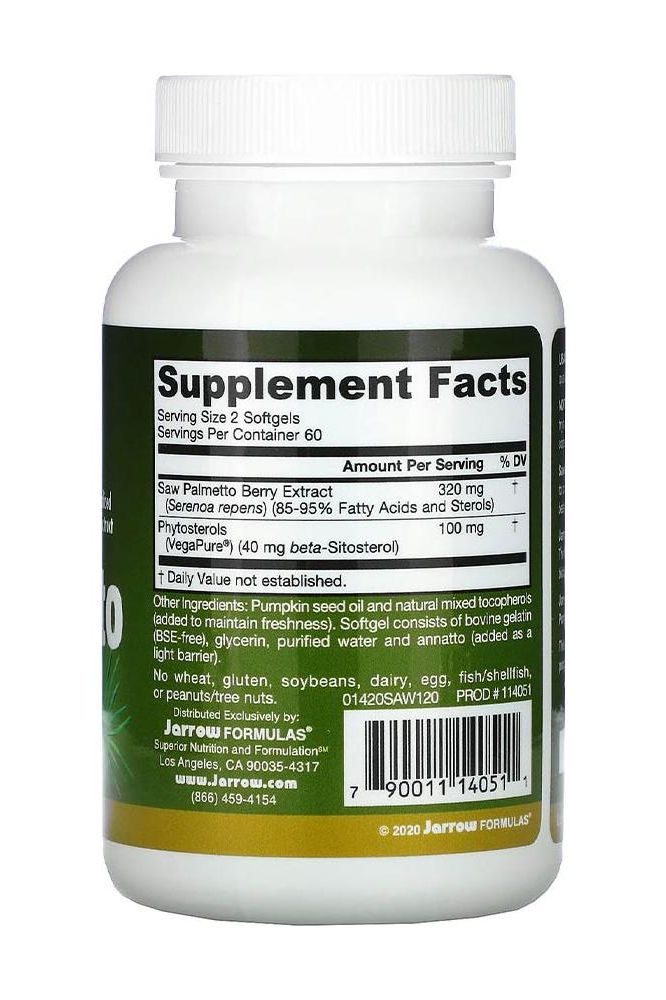Jarrow Formulas Saw Palmetto supplement facts label, detailing active ingredients and serving information.