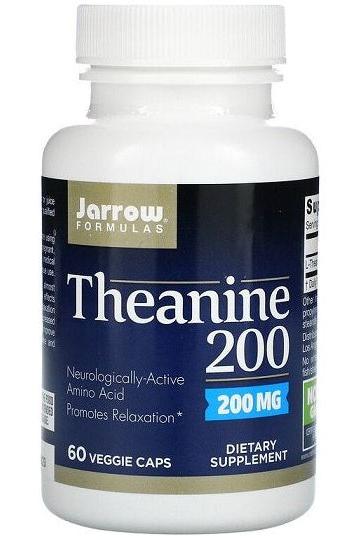 Jarrow Formulas Theanine 200 mg dietary supplement bottle with 60 veggie caps for relaxation and brain health.