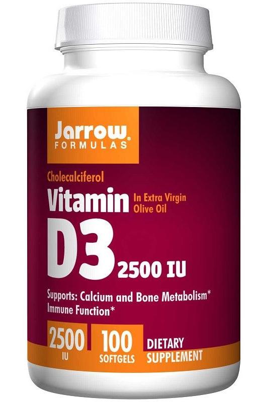 Jarrow Formulas Vitamin D3 supplement bottle with 2500 IU, supports calcium and bone health, dietary supplement.