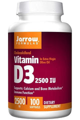 Jarrow Formulas Vitamin D3 supplement bottle with 2500 IU, supports calcium and bone health, dietary supplement.