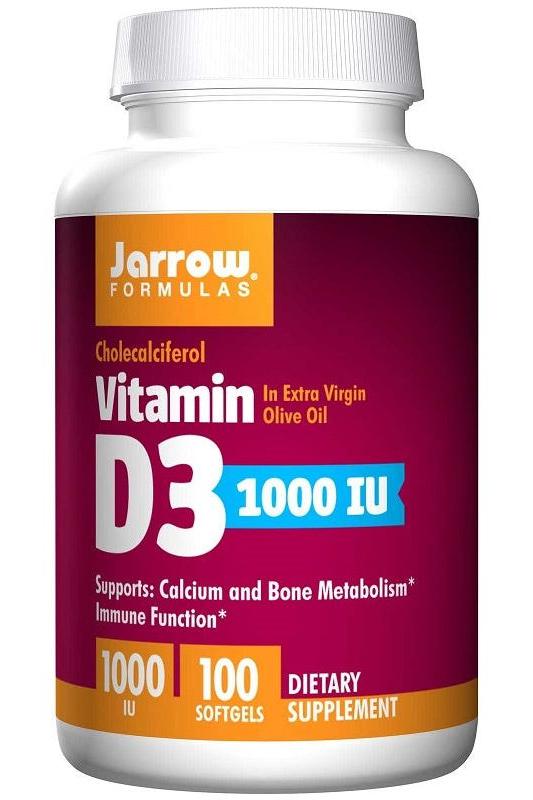Jarrow Formulas Vitamin D3 supplement bottle, 1000 IU, supports calcium and bone metabolism, in softgel form.