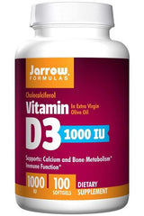 Jarrow Formulas Vitamin D3 supplement bottle, 1000 IU, supports calcium and bone metabolism, in softgel form.