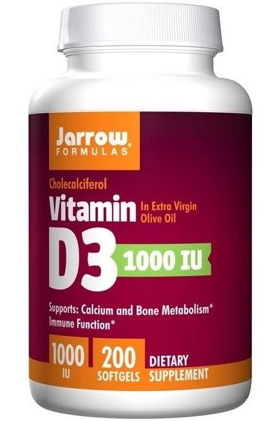 Jarrow Formulas Vitamin D3 supplement bottle with 1000 IU for calcium, bone health, and immune function.