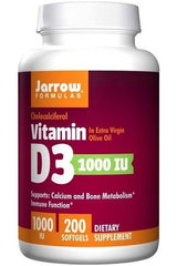 Jarrow Formulas Vitamin D3 supplement bottle with 1000 IU for calcium, bone health, and immune function.