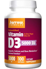 Jarrow Formulas Vitamin D3 supplement bottle, 5000 IU, supports calcium, bone health, and immune function.