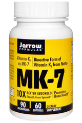 Jarrow Formulas MK-7 Vitamin K2 dietary supplement bottle promoting bone health and optimal K2 absorption.