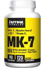 Jarrow Formulas Vitamin K2 MK-7 supplement bottle for bone health with 90 micrograms per softgel.