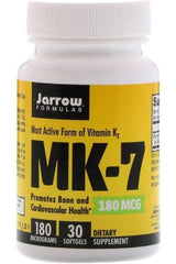 Jarrow Formulas MK-7 Vitamin K2 supplement bottle promoting bone and cardiovascular health, 180 mcg, 30 softgels.