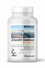 Javia Zeolit Detox + Bentonit supplement bottle for natural detox and mineral absorption, 250g.