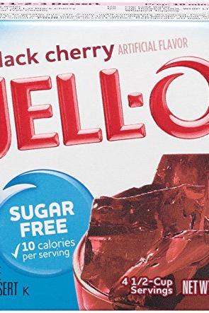 Jell-O Sugar Free Black Cherry Gelatin Dessert mix packaging with low-calorie information