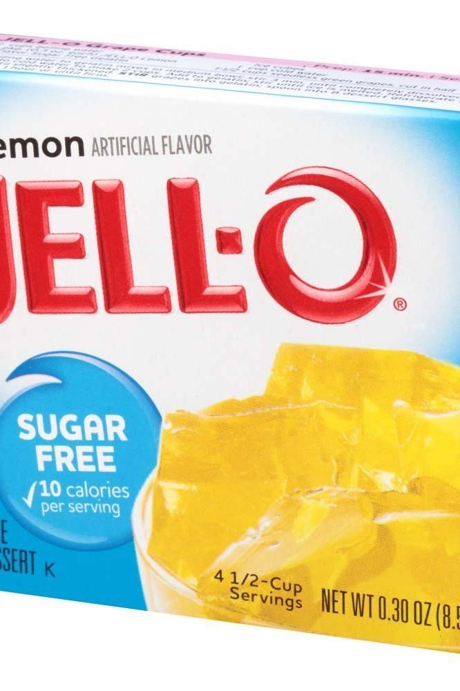 Jell-O lemon flavored sugar-free gelatin dessert box, low-calorie, for quick and easy preparation.