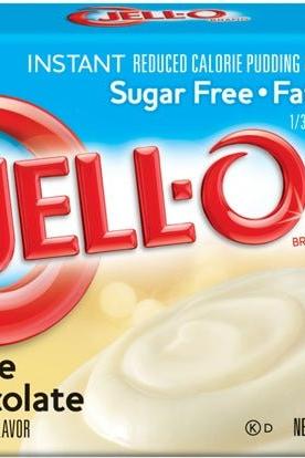 Jell-O Instant Sugar Free Chocolate Pudding and Pie Filling packaging with low calorie and family-friendly benefits.