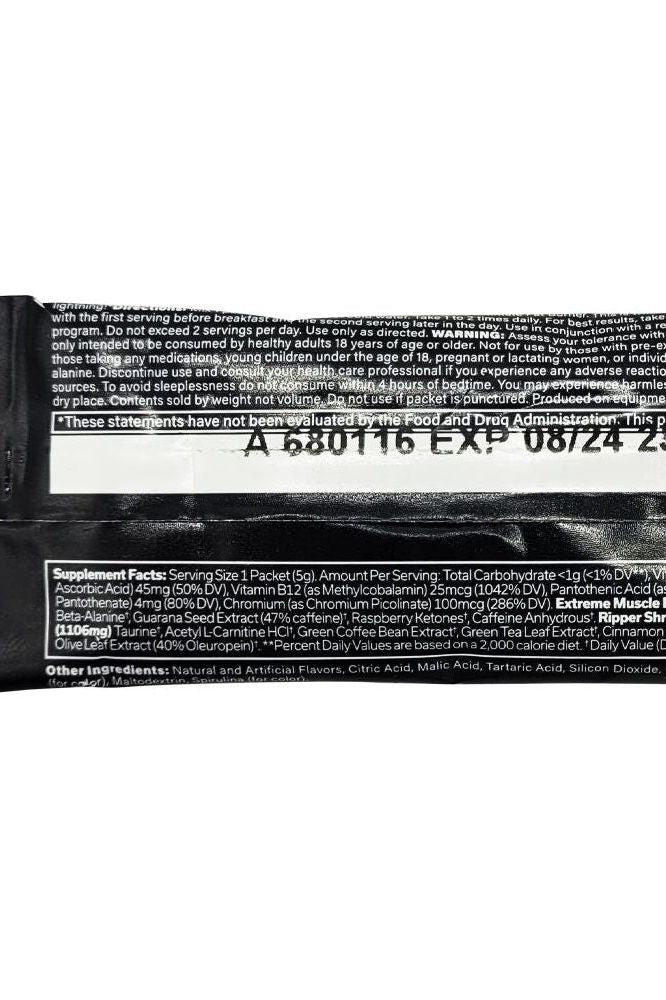 Supplement facts and ingredients for JNX Sports The Ripper! fat burner sample pack.