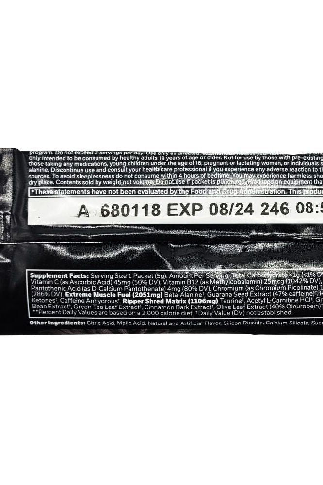 Ingredient label and nutritional information for JNX Sports The Ripper! Fat Burner sample.