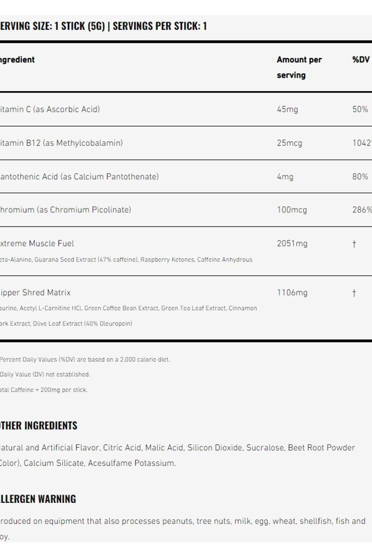 Nutritional information for JNX Sports The Ripper fat burner stick, featuring ingredients and serving details.