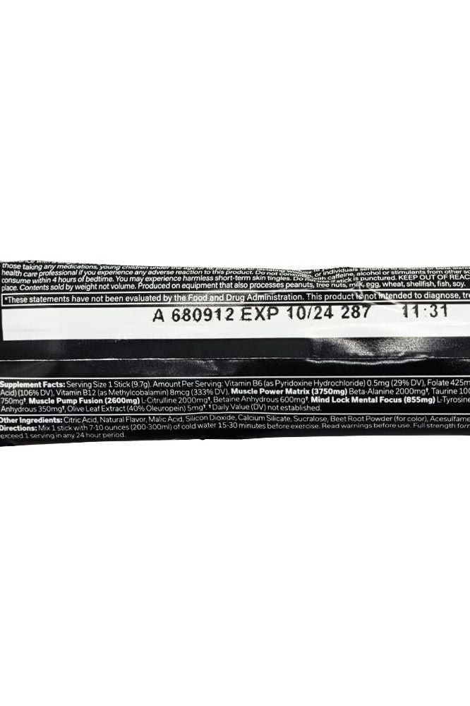 Label of JNX Sports The Shadow! pre-workout sample with ingredients and expiration date.