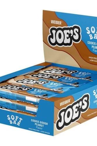 Weider Joe's Soft Bars in cookie-dough peanut flavor, high protein and low sugar, displayed in a box.