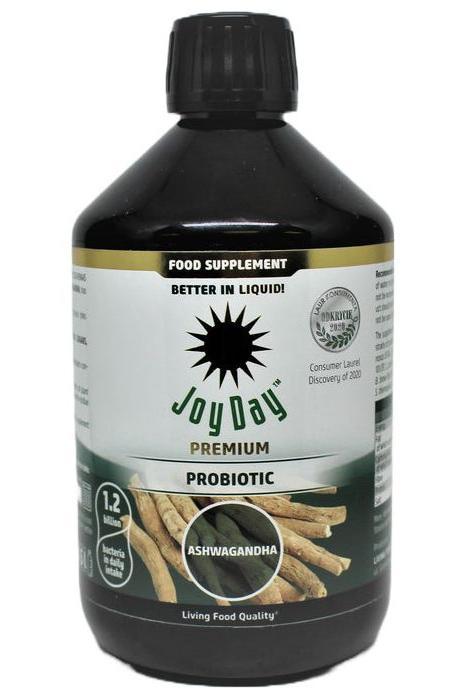 Joy Day Premium Probiotic Ashwagandha food supplement bottle for stress relief and gut health.