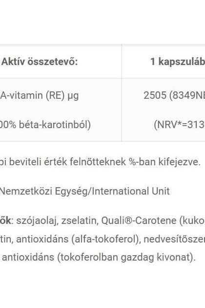 Nutritional information for JutaVit Beta-Carotene 15 mg showing active ingredients and their values.