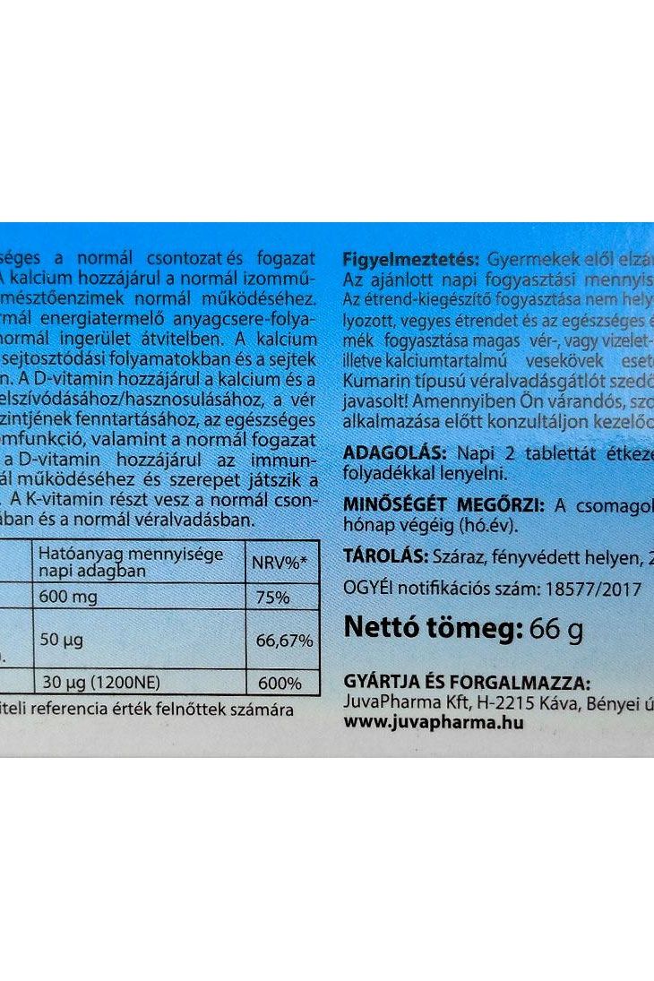 JutaVit Calcium Forte + Ca/K2/D3 supplement label detailing nutritional information and usage instructions.