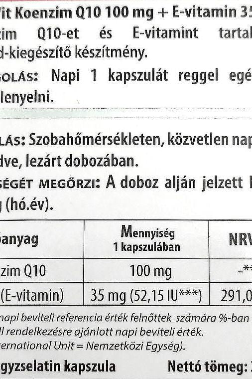 JutaVit Coenzyme Q10 100 mg and Vitamin E capsule nutritional information label details.