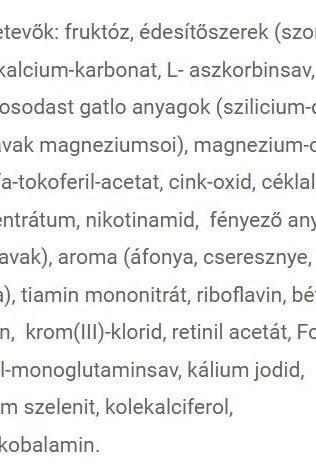 Text list of ingredients for nutritional supplements in Hungarian, including vitamins and minerals.