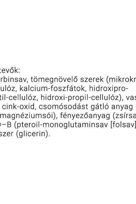 Ingredient list for supplement including iron, folic acid, zinc, and other components.